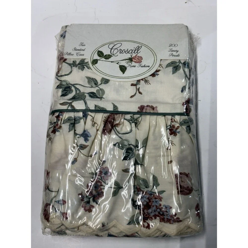 Vintage Croscill Floral Standard Pillowcases NOS 200 Percale Ruffled 1 Pair